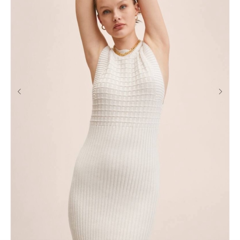 Mango open back knitted midi dress in ecru